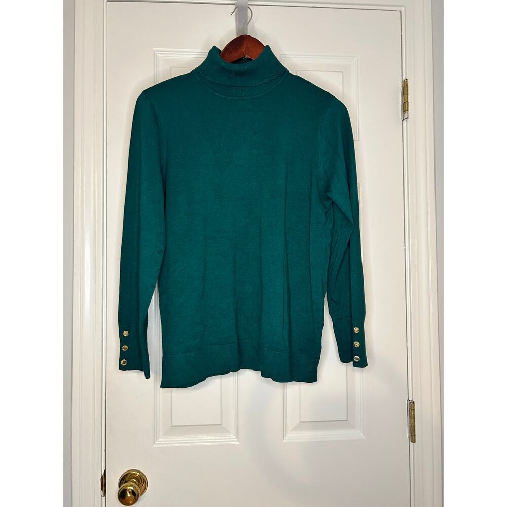 Anne Klein Womens Green Turtleneck Sweater Size L Gold Button Cuff Knit Pullover